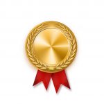 Gold medal with red ribbon. Metallic winner award. Vector illustration.EPS 10